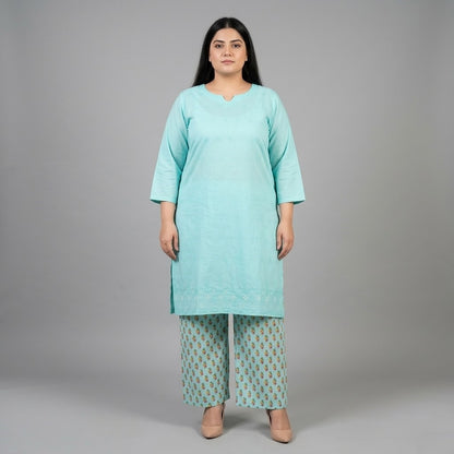 Aqua blue Chikankari Lawn shirt with printed Lawn trouser co-ord set