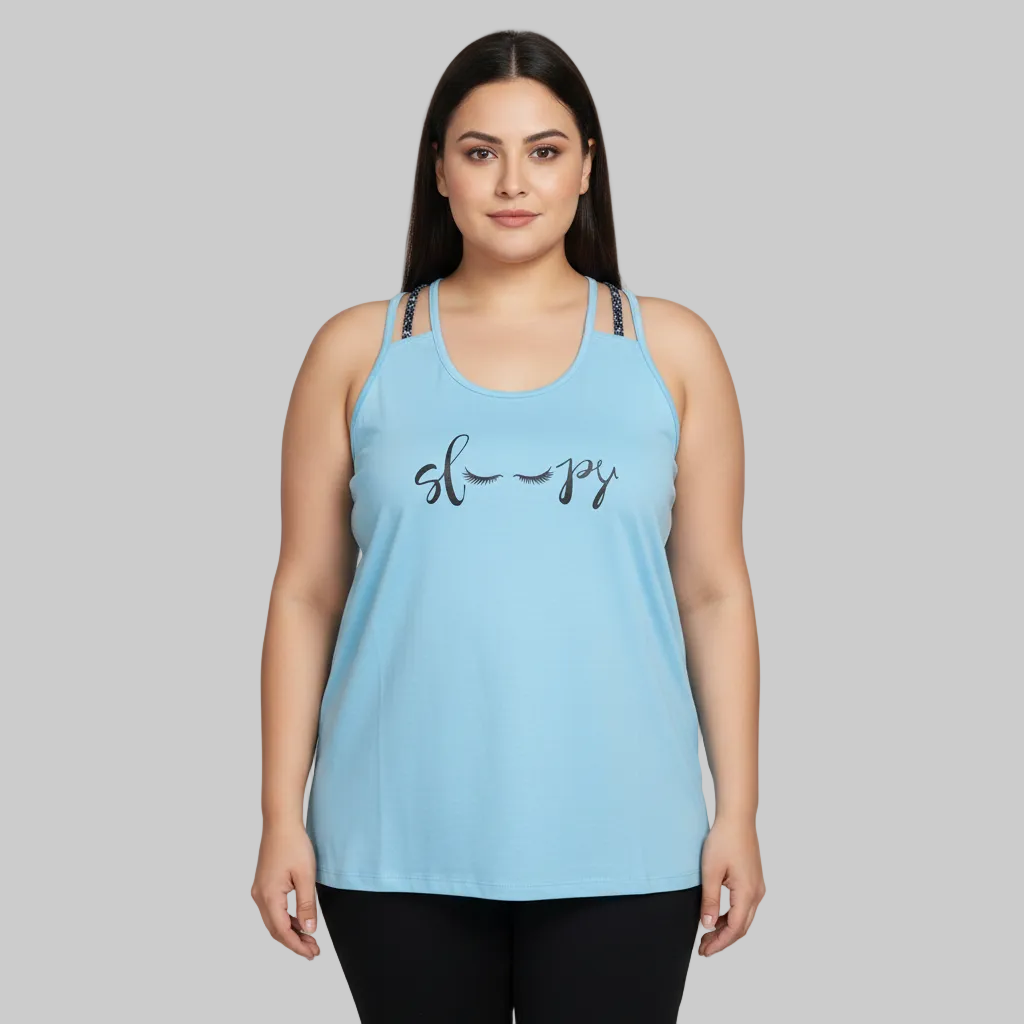 Aqua blue double strap camisole with sleepy eyes graphic print front view