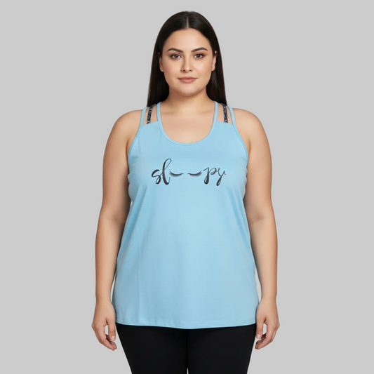 Aqua blue double strap camisole with sleepy eyes graphic print front view