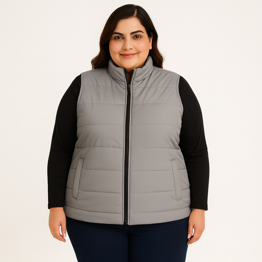 Plus size Pakistani female model wearing sleeveless puffer vest with quilted padded panels and welt pockets – casual outerwear