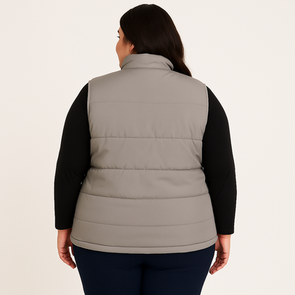 Plus size Pakistani female model wearing sleeveless puffer vest with quilted padded panels and welt pockets – casual outerwear