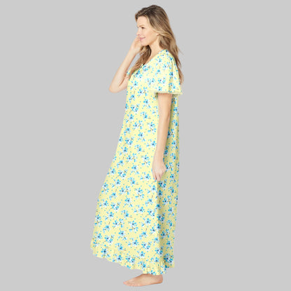 Banana blossom floral long cotton nightgown with flutter sleeves, ruffled hem, and pintuck details — breathable, elegant women’s sleepwear.