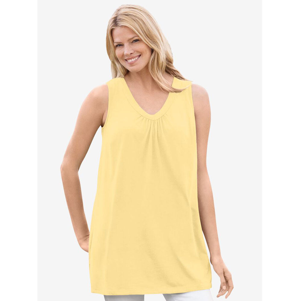 Banana Perfect Short-Sleeve Shirred V-Neck Tunic PSW-7977