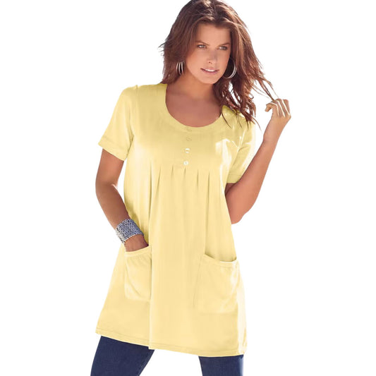 Banana yellow knit tunic with two front pockets and crew neckline