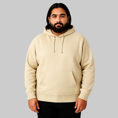 Beige fleece pullover hoodie with drawstring hood and relaxed fit displayed on a clean studio background.