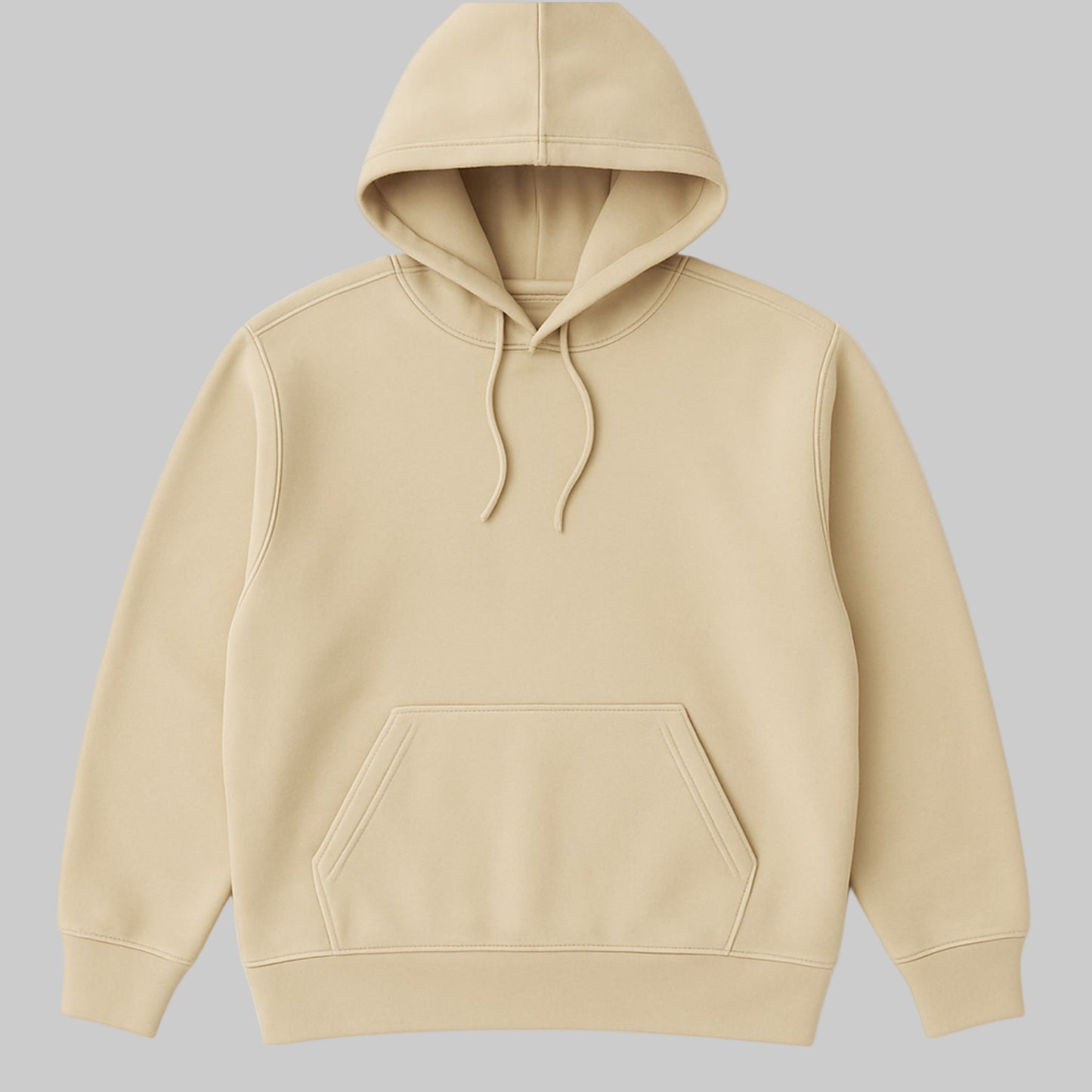 Beige fleece pullover hoodie with drawstring hood and relaxed fit displayed on a clean studio background.