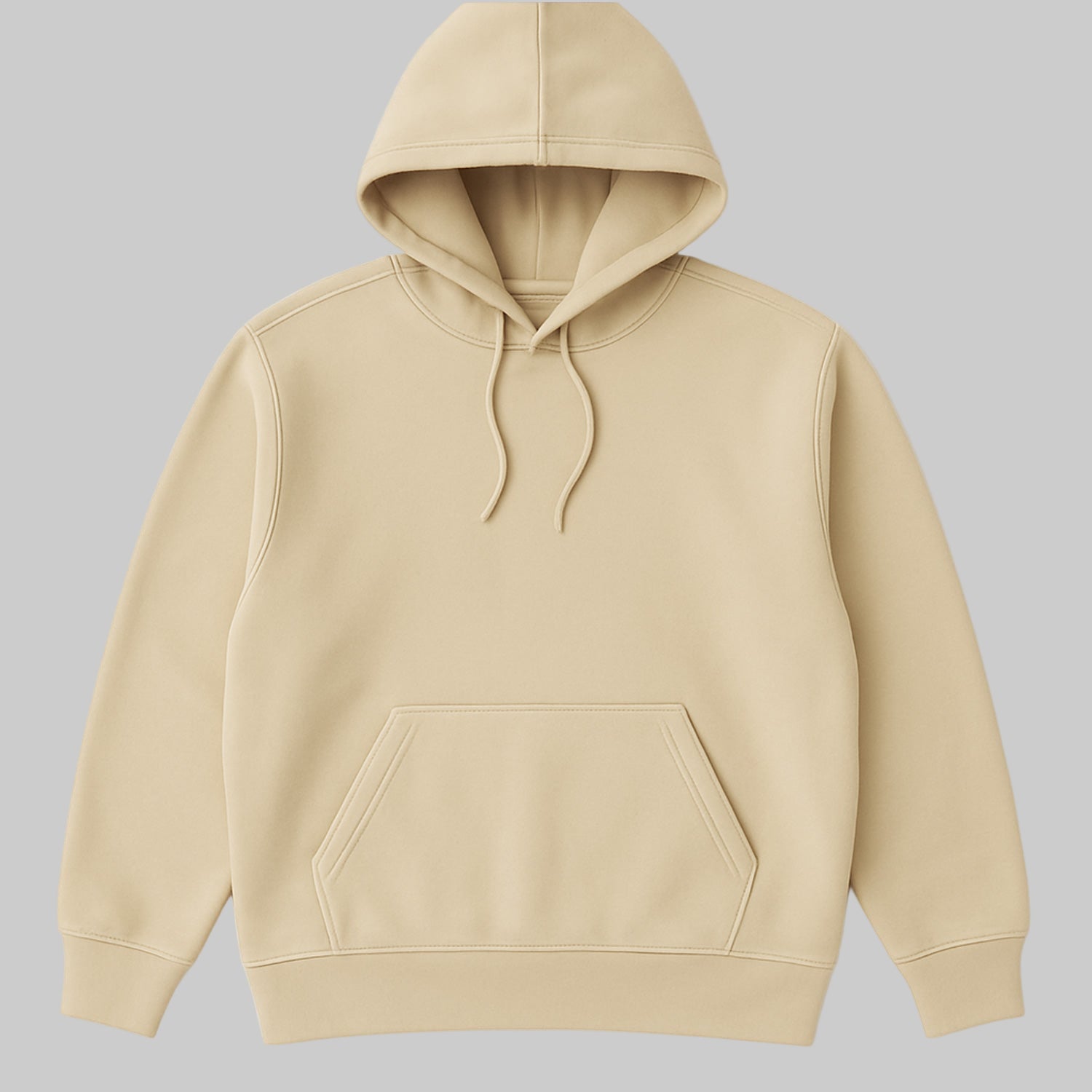 Beige fleece pullover hoodie with drawstring hood and relaxed fit displayed on a clean studio background.