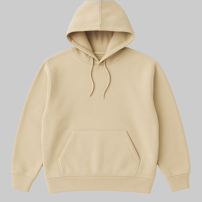 Beige fleece pullover hoodie with drawstring hood and relaxed fit displayed on a clean studio background.