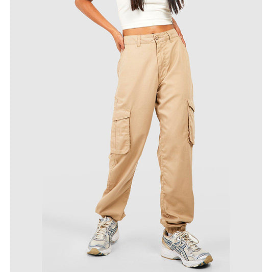 Beige High Waisted Twill Cargo Joggers PSW-8193