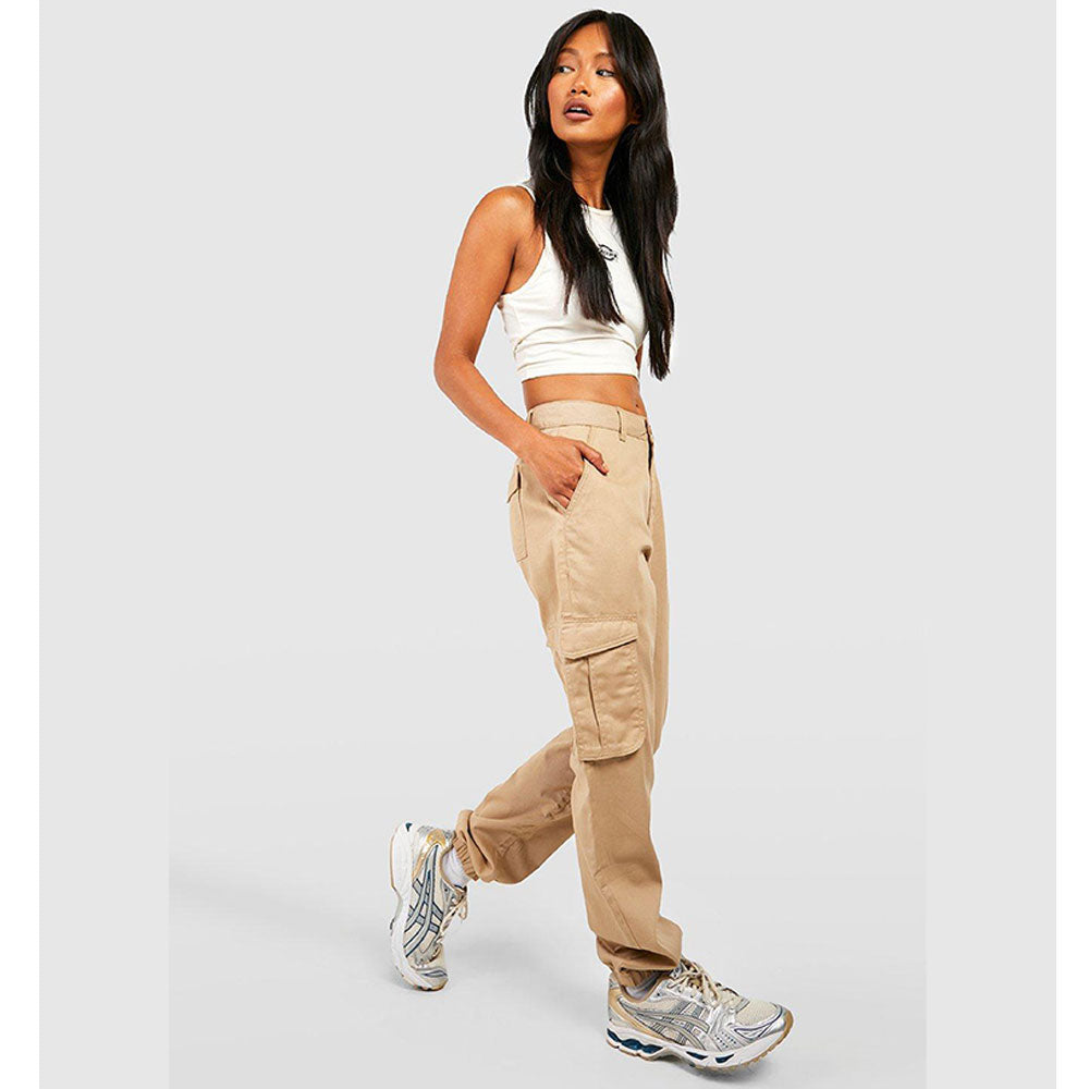 Beige High Waisted Twill Cargo Joggers PSW-8193