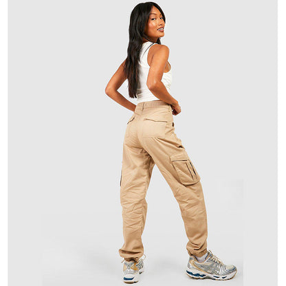 Beige High Waisted Twill Cargo Joggers PSW-8193