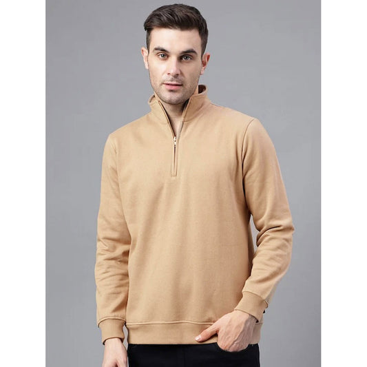 Beige Zip-Up Trucker Collar Fleece Sweatshirt PSM-8929