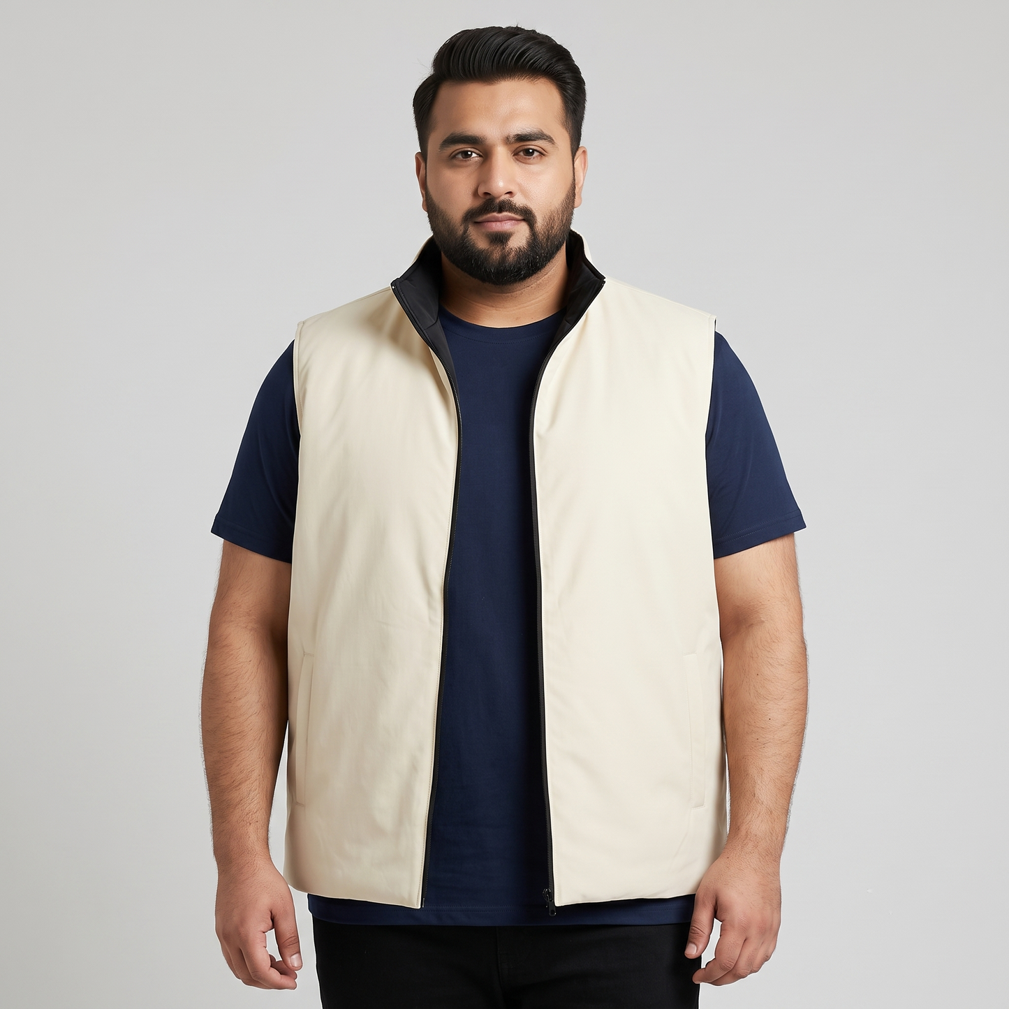 Beige Plus-Size Sleeveless Puffer Jacket PSM-9997