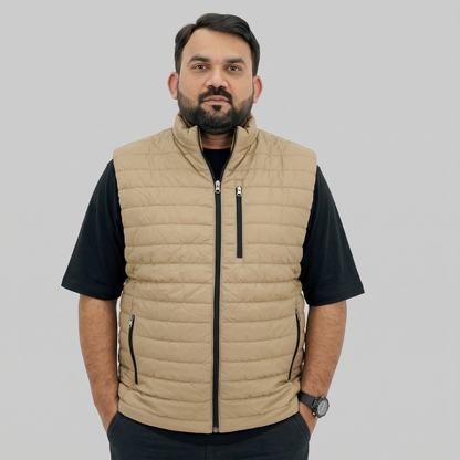 Beige Polyester Sleeveless Quilted Puffer Vest for Men, Sizes 2XL to 6XL