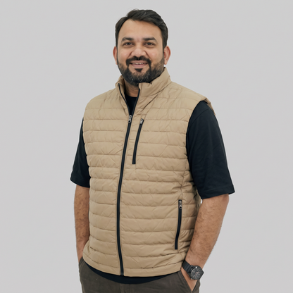 Beige Polyester Sleeveless Quilted Puffer Vest for Men, Sizes 2XL to 6XL