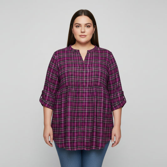 Berry magenta plaid plus size button front tunic with long sleeves and relaxed fit for women.