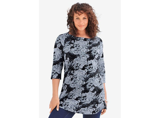 Black Bandana Paisley Boatneck Ultimate Tunic with Side Slits PSW-6828