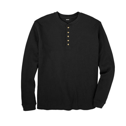 Black waffle-knit thermal Henley T-shirt with five-button placket and chest pocket for Big & Tall men

