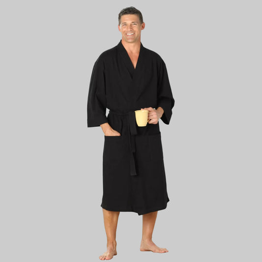 Black cotton jersey relaxed fit robe with tie belt and patch pockets front view