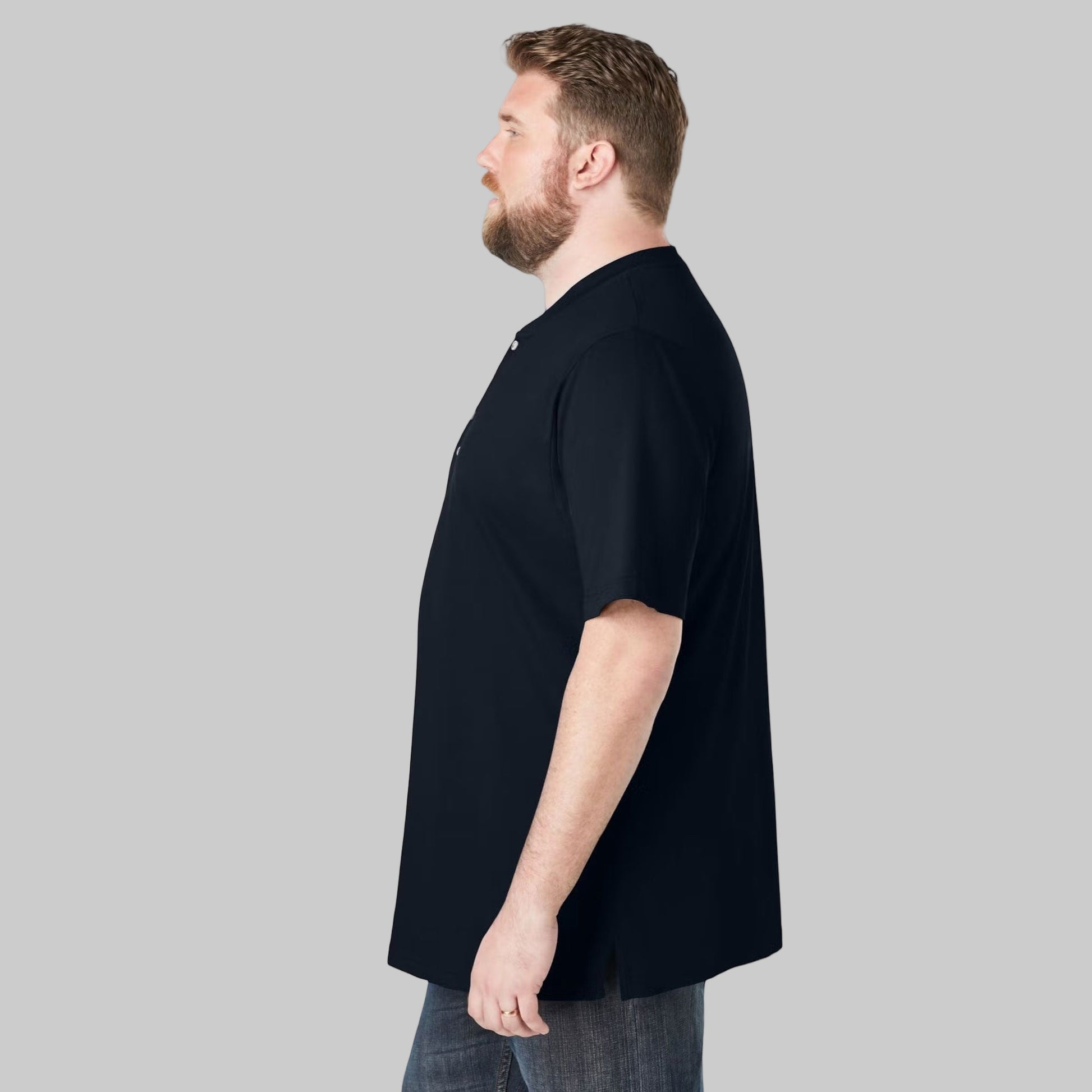 Black Henley T-Shirt for big & tall men with 3-button placket and relaxed cotton fit