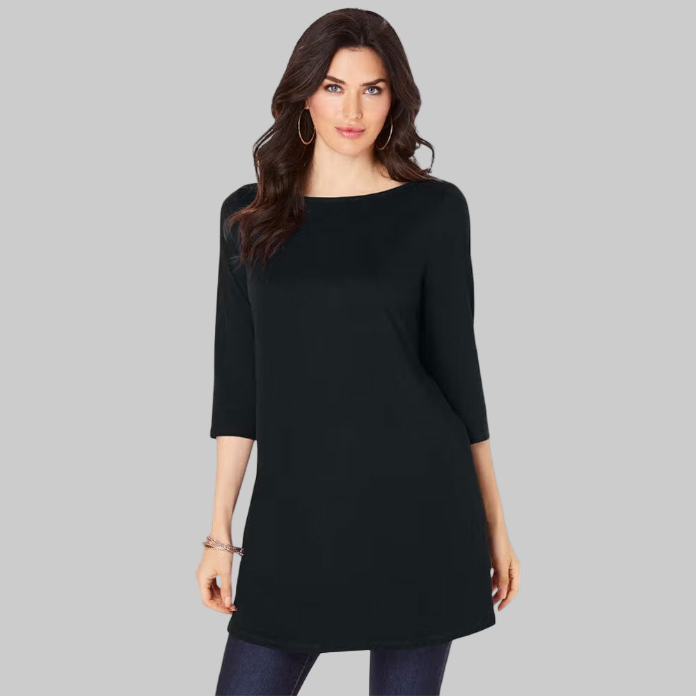 Plus-size flowy tunic with three-quarter sleeves, side slits, and a 34” length. Crafted from breathable cotton knit for everyday comfort and style.