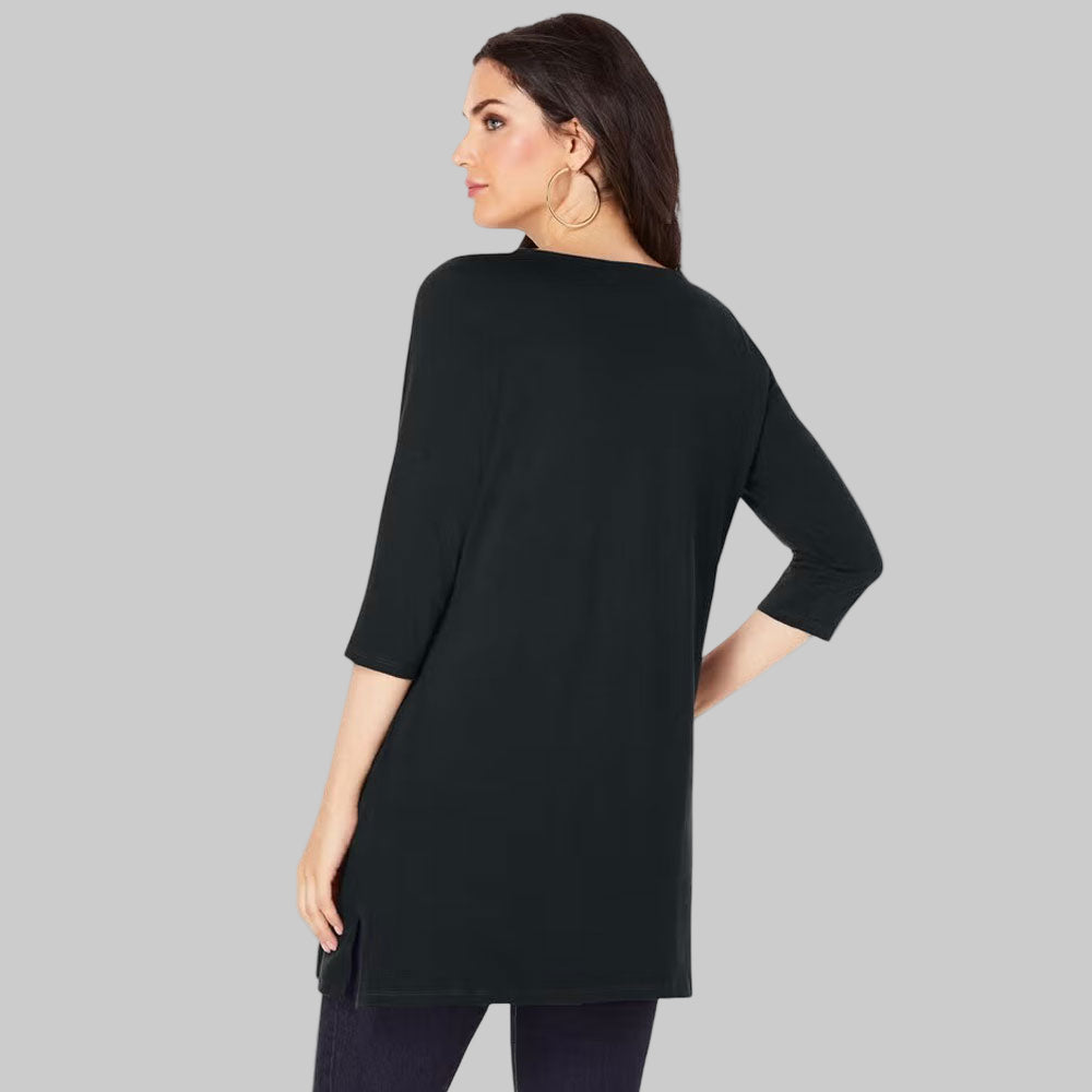 Plus-size flowy tunic with three-quarter sleeves, side slits, and a 34” length. Crafted from breathable cotton knit for everyday comfort and style.