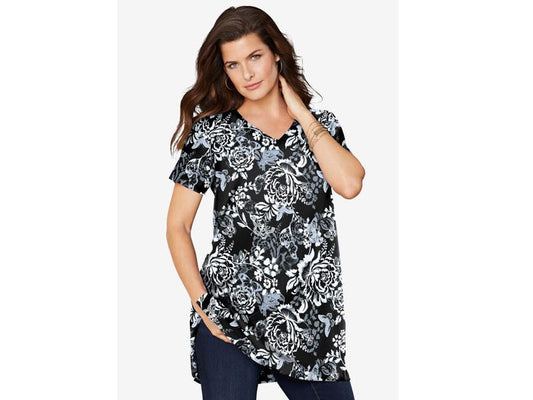 Black Butterfly Bloom Short-Sleeve V Neck Ultimate Tunic PSW-6957