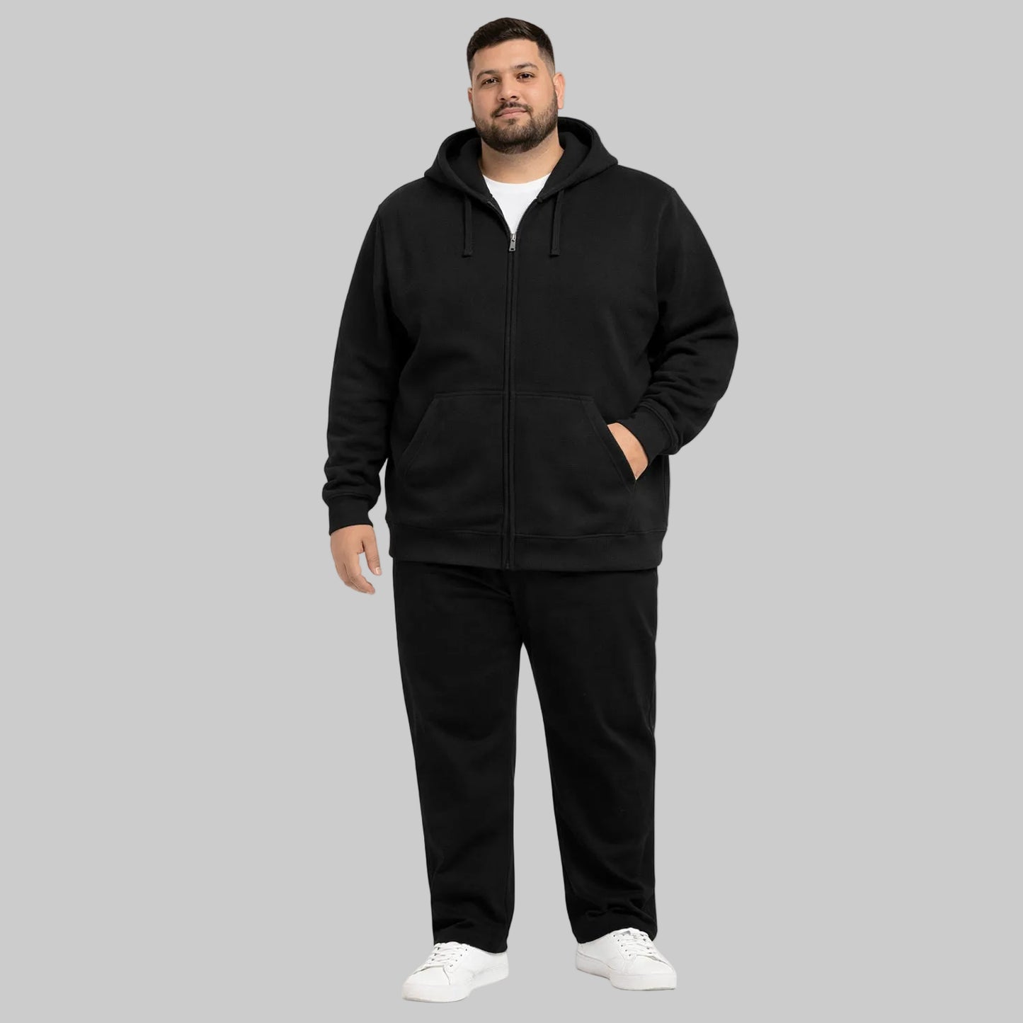 Black classic full-zip fleece hoodie worn by plus-size male model