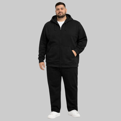 Black classic full-zip fleece hoodie worn by plus-size male model