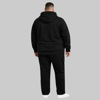 Black classic full-zip fleece hoodie worn by plus-size male model