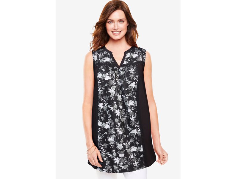 Black Delicate Floral Sleeveless Notch-Neck Tunic PSW-6520