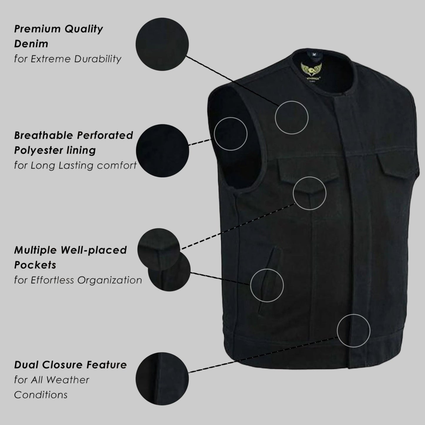 Black denim collarless biker jacket with front zipper and snap closure, chest pockets, and breathable lining displayed on a clean studio background.