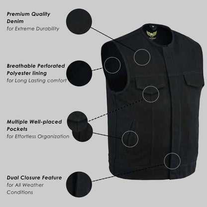 Black denim collarless biker jacket with front zipper and snap closure, chest pockets, and breathable lining displayed on a clean studio background.