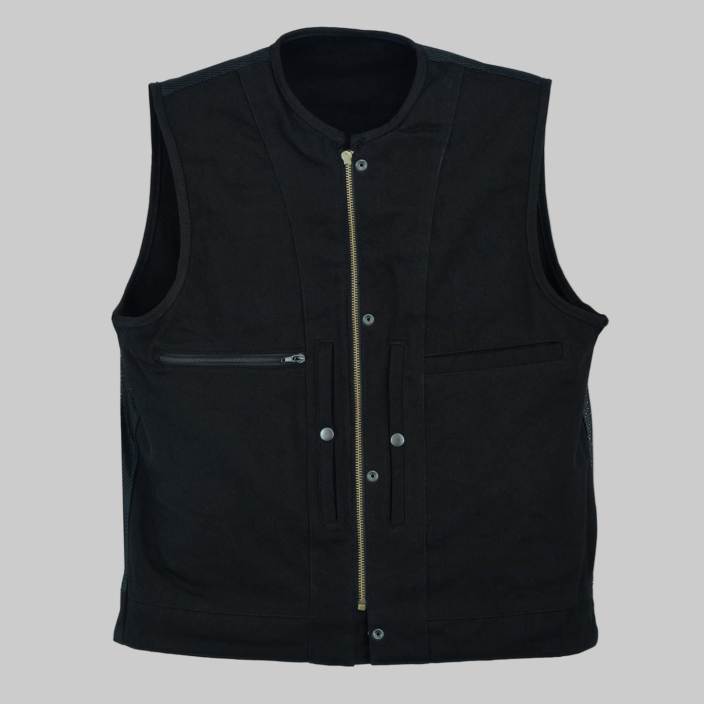 Black denim collarless biker jacket with front zipper and snap closure, chest pockets, and breathable lining displayed on a clean studio background.