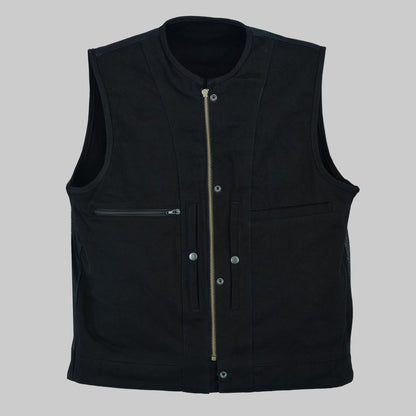 Black denim collarless biker jacket with front zipper and snap closure, chest pockets, and breathable lining displayed on a clean studio background.