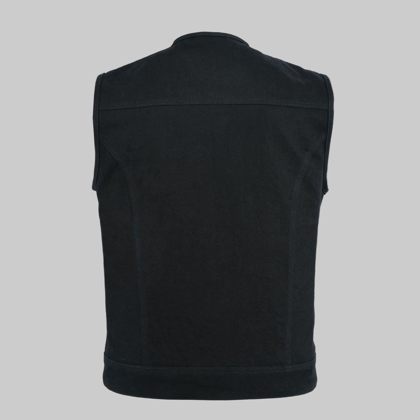 Black denim collarless biker jacket with front zipper and snap closure, chest pockets, and breathable lining displayed on a clean studio background.