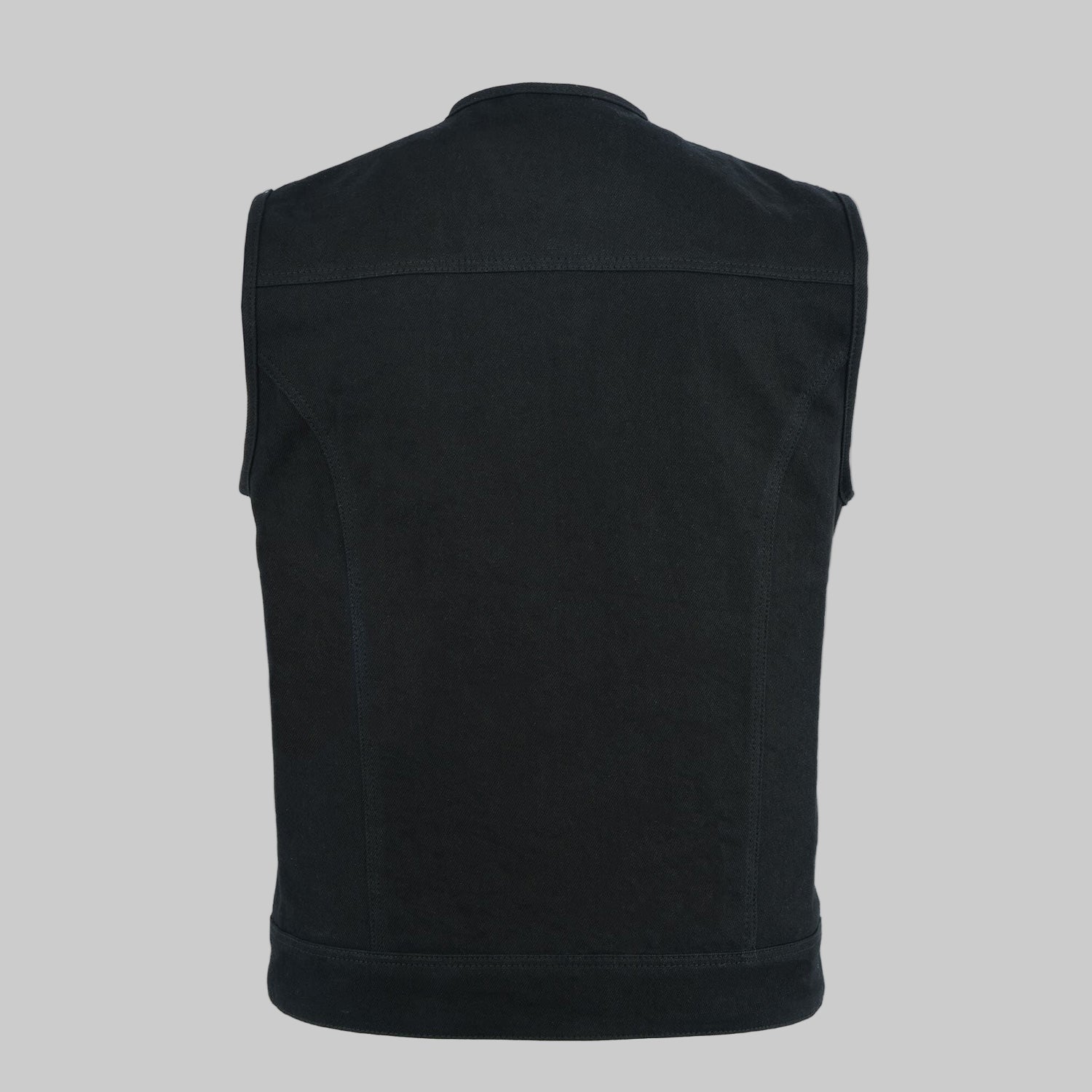 Black denim collarless biker jacket with front zipper and snap closure, chest pockets, and breathable lining displayed on a clean studio background.