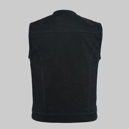 Black denim collarless biker jacket with front zipper and snap closure, chest pockets, and breathable lining displayed on a clean studio background.