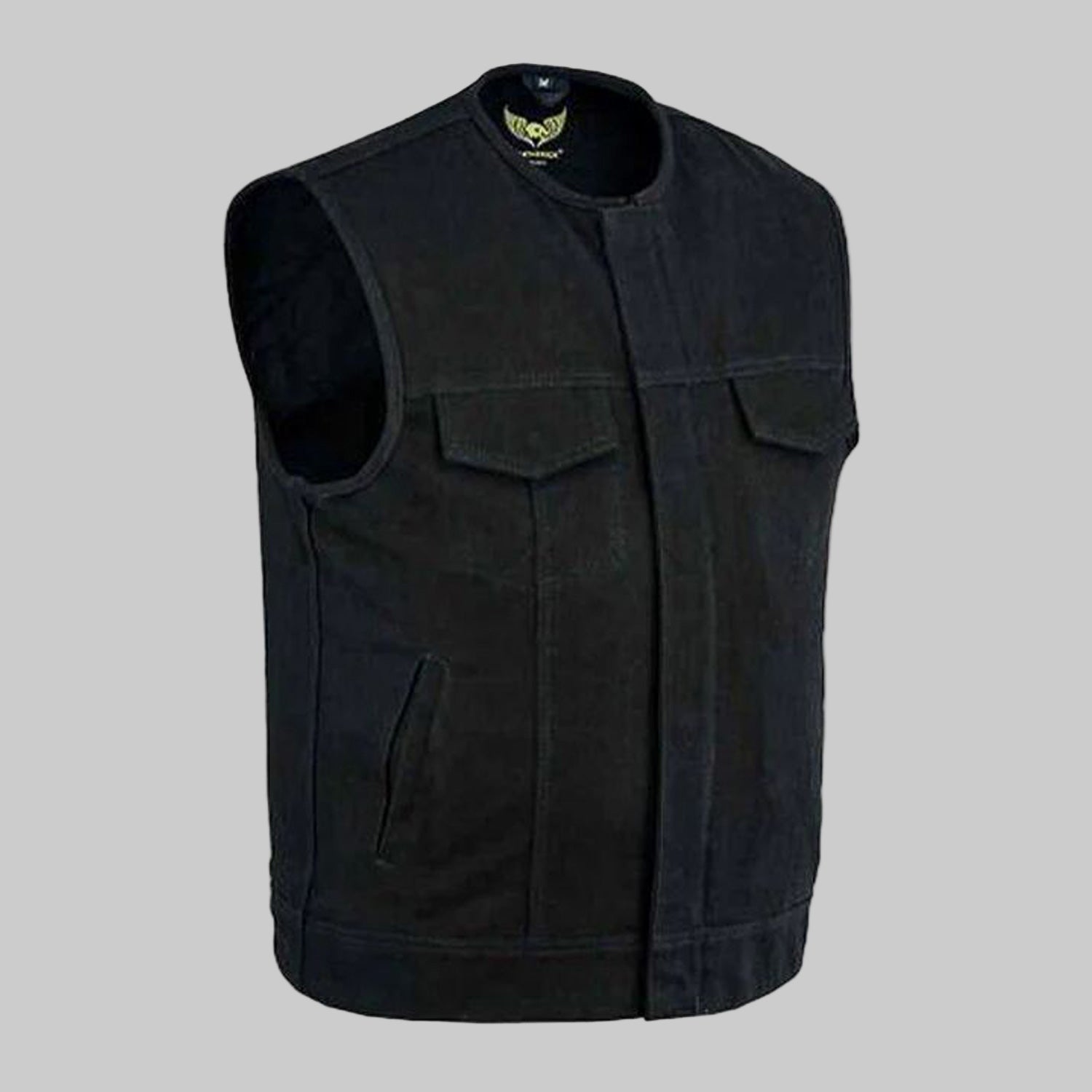 Black denim collarless biker jacket with front zipper and snap closure, chest pockets, and breathable lining displayed on a clean studio background.