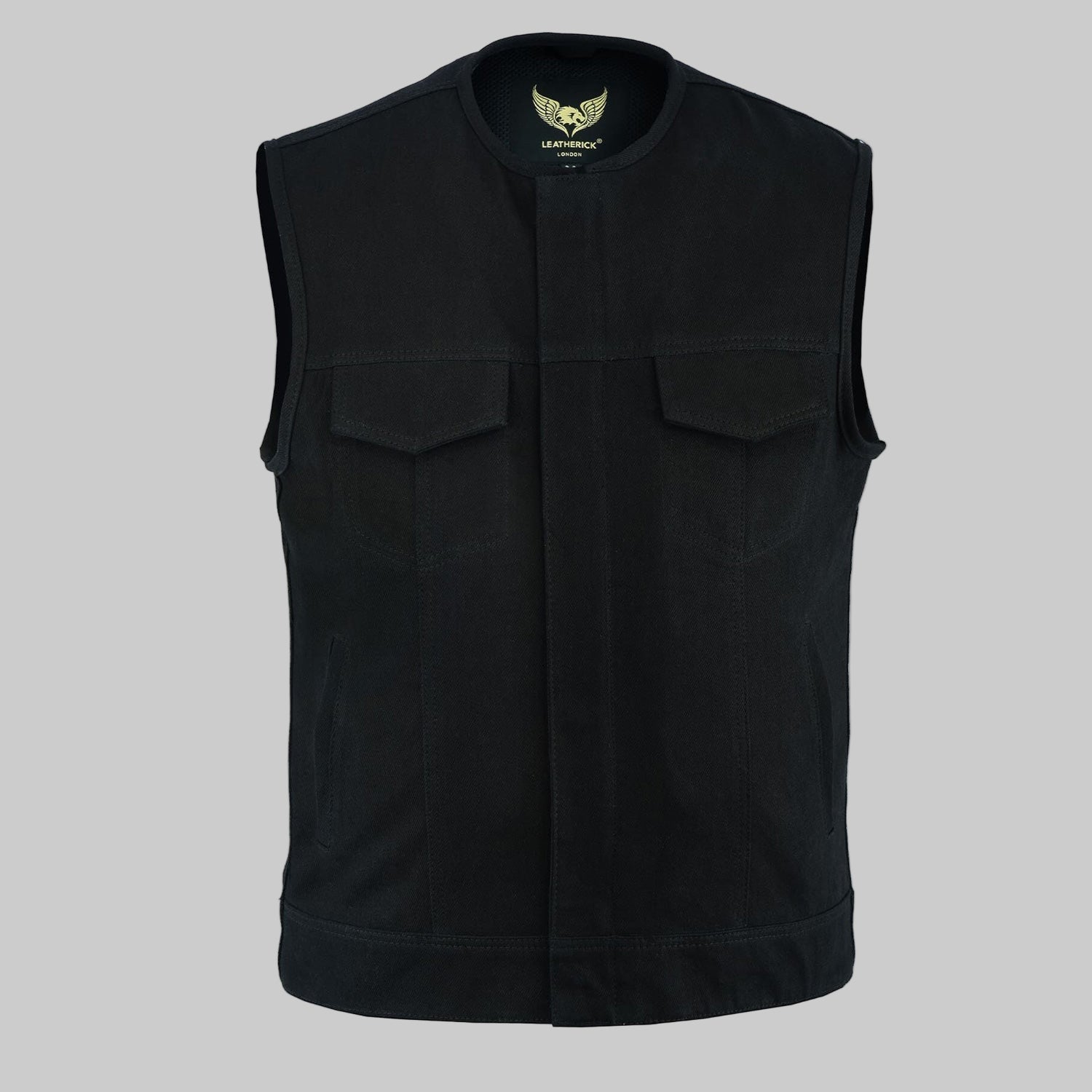 Black denim collarless biker jacket with front zipper and snap closure, chest pockets, and breathable lining displayed on a clean studio background.