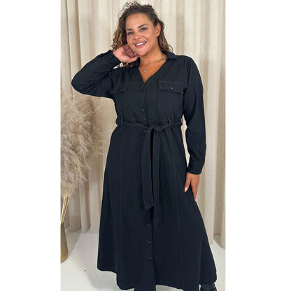 Black Denim Midaxi Without Belt Shirt Dress PSW-8865