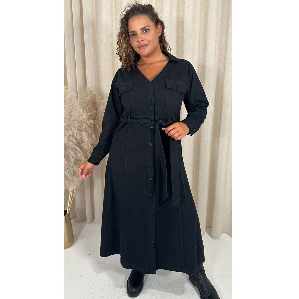 Black Denim Midaxi Without Belt Shirt Dress PSW-8865