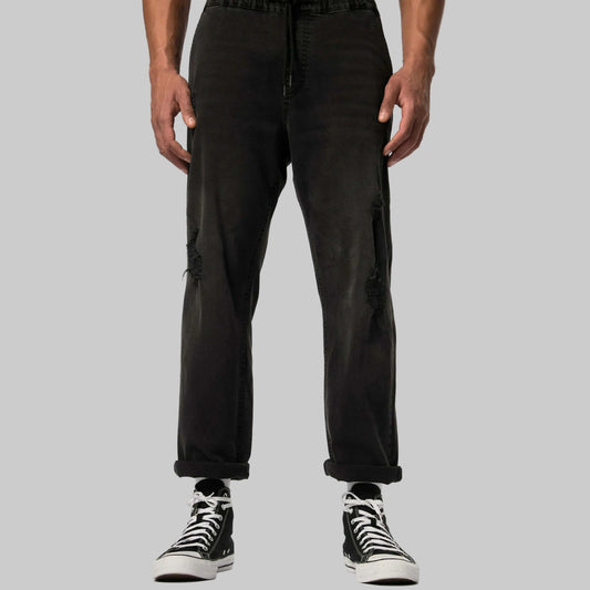 Black straight leg denim jeans with elasticated waist, stretch fabric, side and back pockets, and a clean everyday look.