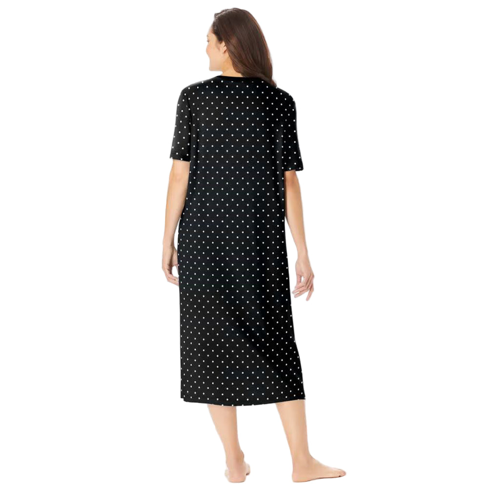 Black Dot Plus Size Long Sleepshirt with V-neck and A-line side-slit design.
