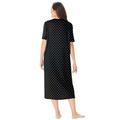 Black Dot Plus Size Long Sleepshirt with V-neck and A-line side-slit design.
