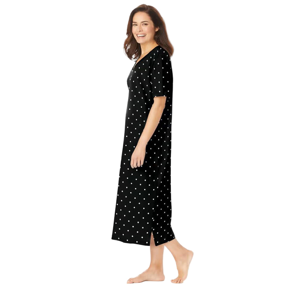 Black Dot Plus Size Long Sleepshirt with V-neck and A-line side-slit design.