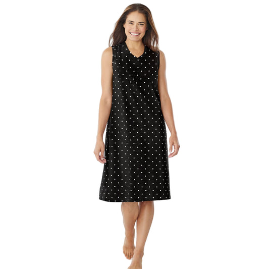 Black Dot Plus Size Sleeveless Short Sleepshirt with side slits and cotton fabric.