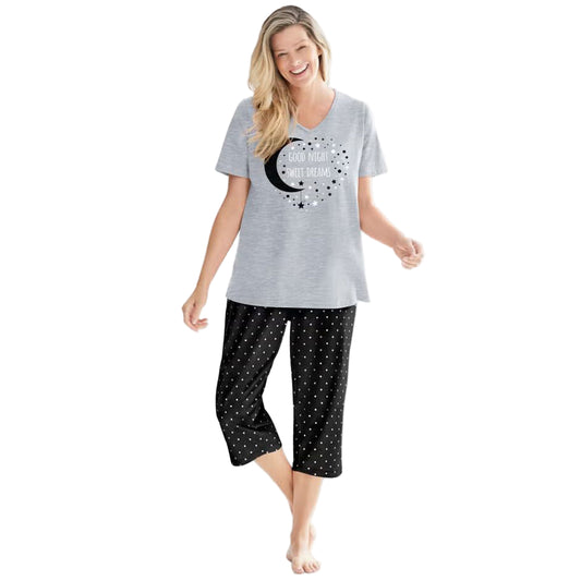 Black Dot Two Piece V-Neck Tunic & Capri Set with graphic tunic top and matching capri PJ bottoms – women’s cotton sleepwear.