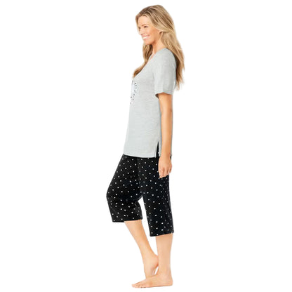 Black Dot Two Piece V-Neck Tunic & Capri Set with graphic tunic top and matching capri PJ bottoms – women’s cotton sleepwear.