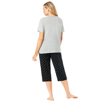 Black Dot Two Piece V-Neck Tunic & Capri Set with graphic tunic top and matching capri PJ bottoms – women’s cotton sleepwear.